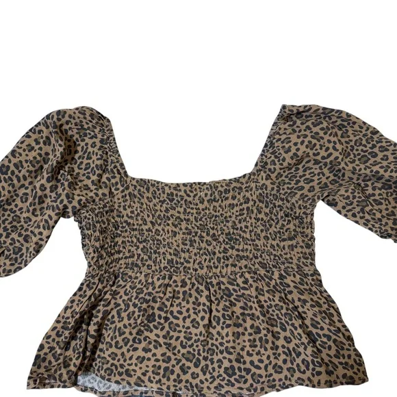 American Eagle Outfitters Brown Leopard Off-Shoulder Smocked Peplum Top - Picture 5 of 7